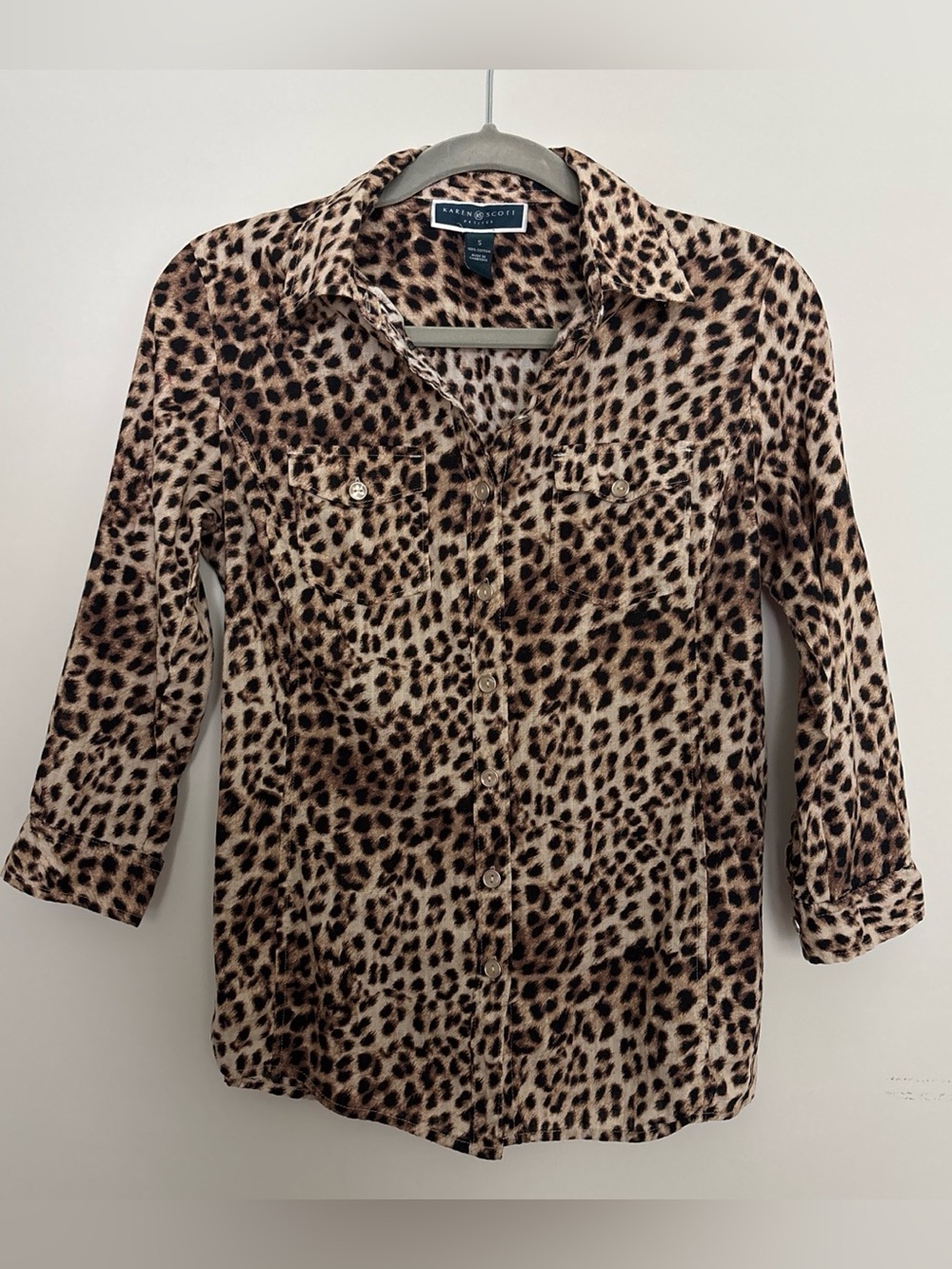 Karen Scott Leopard-Print Button-Down Shirt - Brown & Black size small